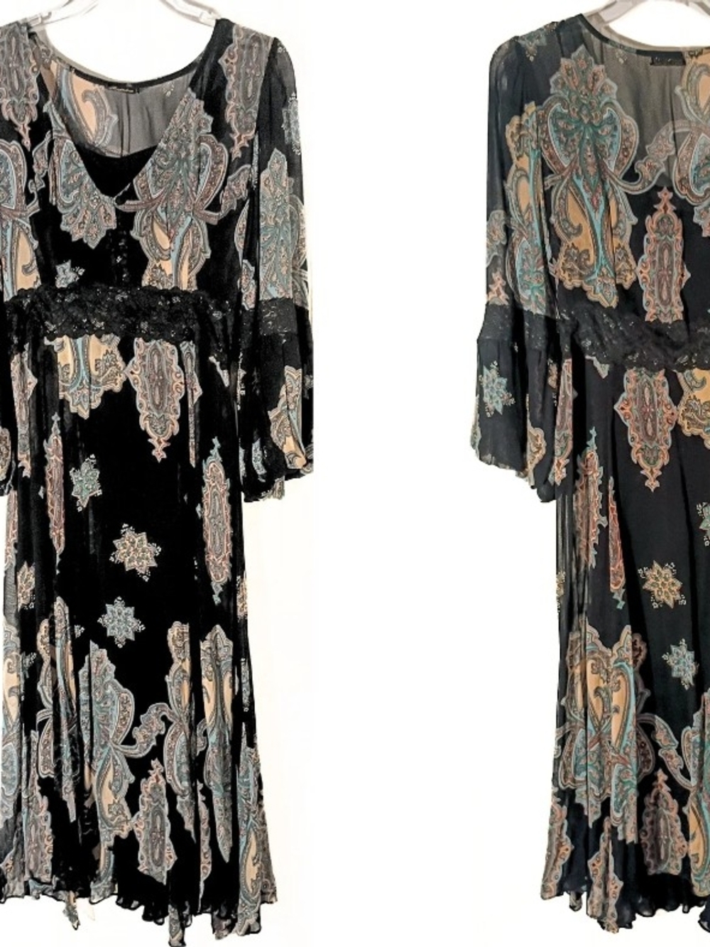 Boho Chic Black Paisley Midi Dress with Sheer Layers